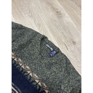 Vintage Structure Sweater Mens M Green Fair Isle Shetland Wool Knit Pullover